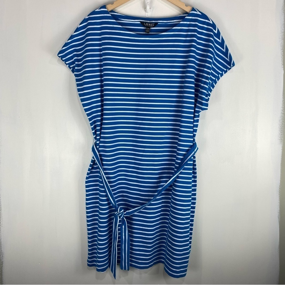 Lauren Ralph Lauren Stretchy Striped Tie Front Waist T-Shirt Mini Dress Blue XL - Picture 2 of 7